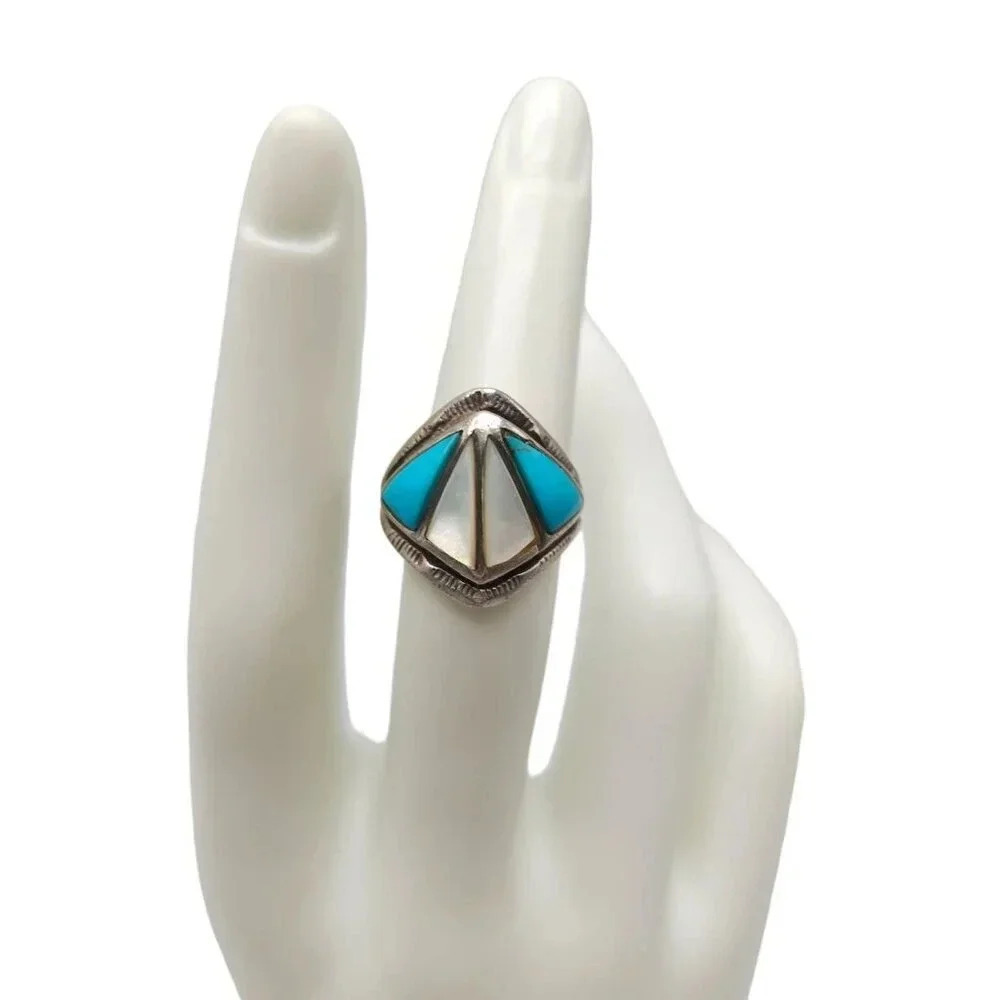 Old Pawn Sterling Silver Mother of Pearl and Sleeping Beauty Turquoise Ring